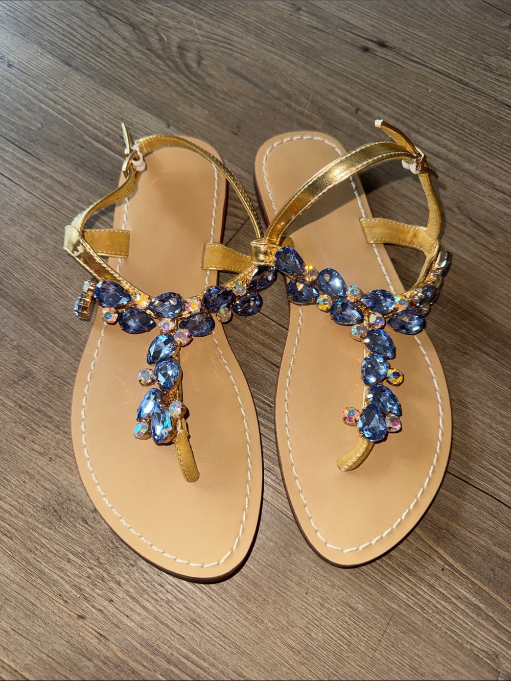 Gold Crystal T-Strap Sandals with Blue Gem Accents